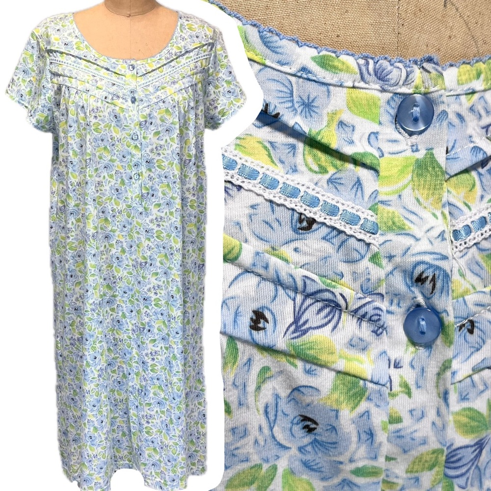 Cottage flower garden cotton nightgown pajama midi short sleeve button front